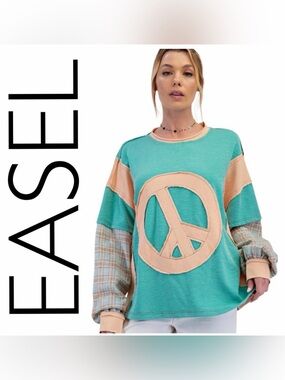 Easel Teal and Peach Sweatshirt with Peace Emblem ⭐️NWOT⭐️